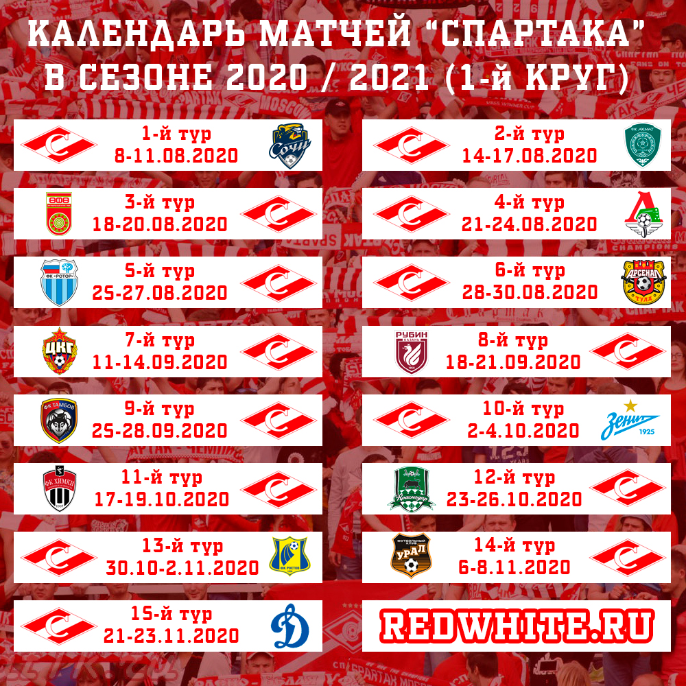 Календарь матчей Спартака в сезоне 2020 / 2021