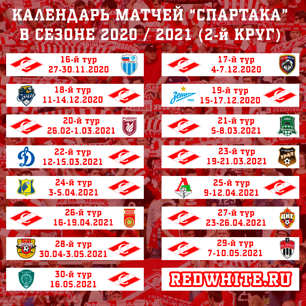 Календарь матчей Спартака в сезоне 2020 / 2021